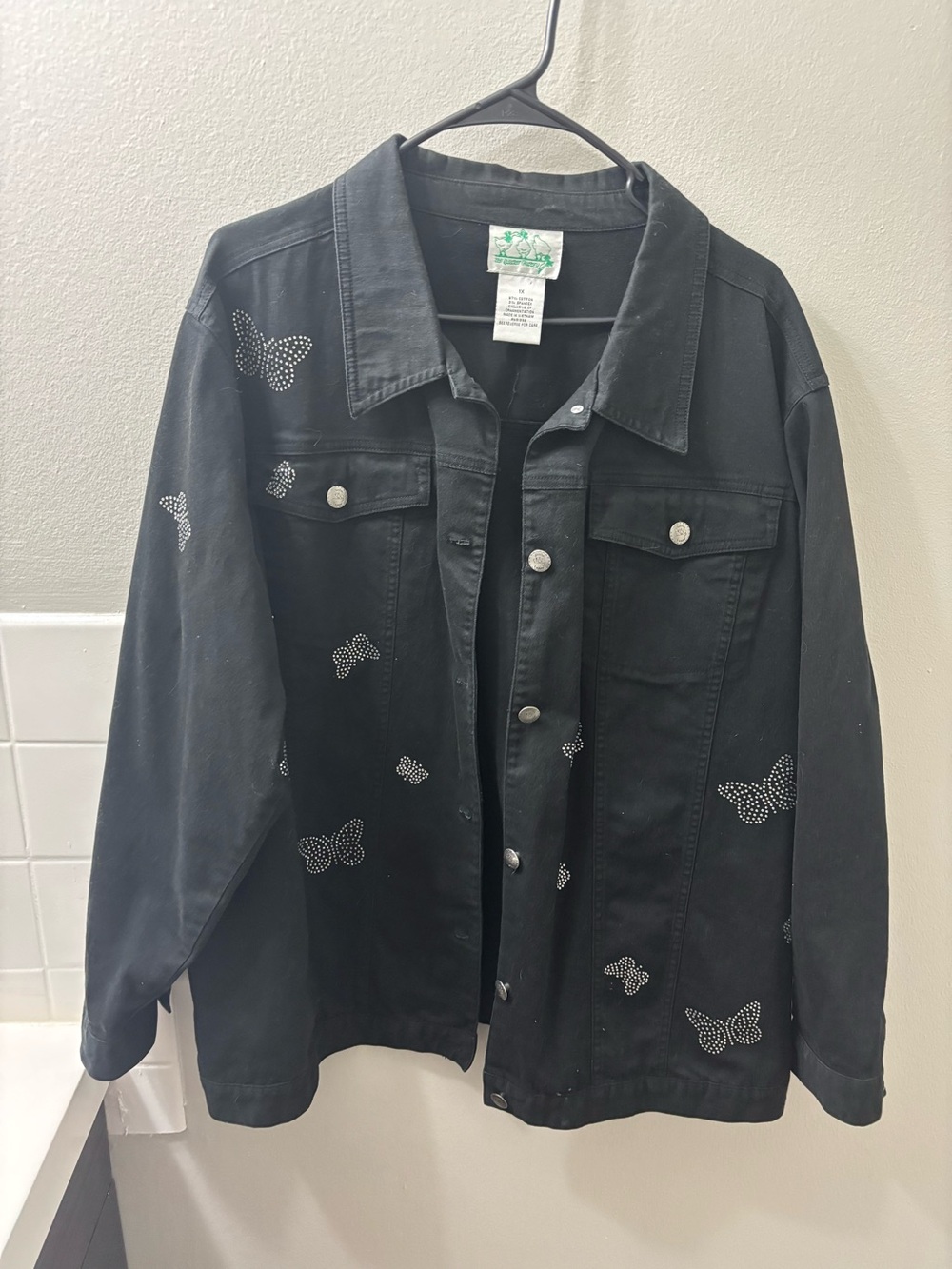 Black Denim Jacket with Rhinestone Butterfly Accents
